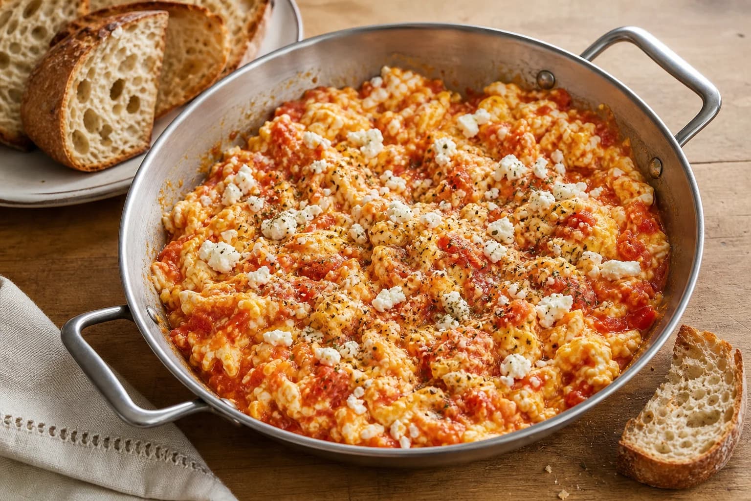 Greek strapatsada with soft tomato-streaked egg curds, feta, oregano, black pepper, and bread.