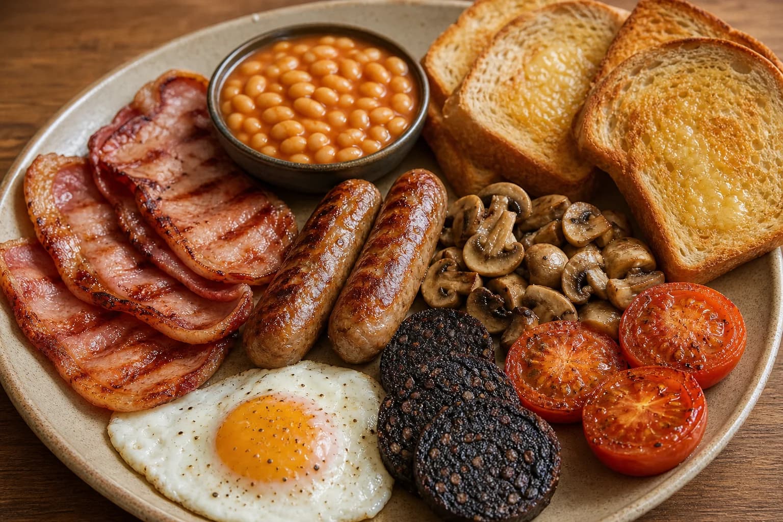 Full English breakfast with sausage, back bacon, black pudding, tomato, mushrooms, beans, fried egg, and crisp toast.