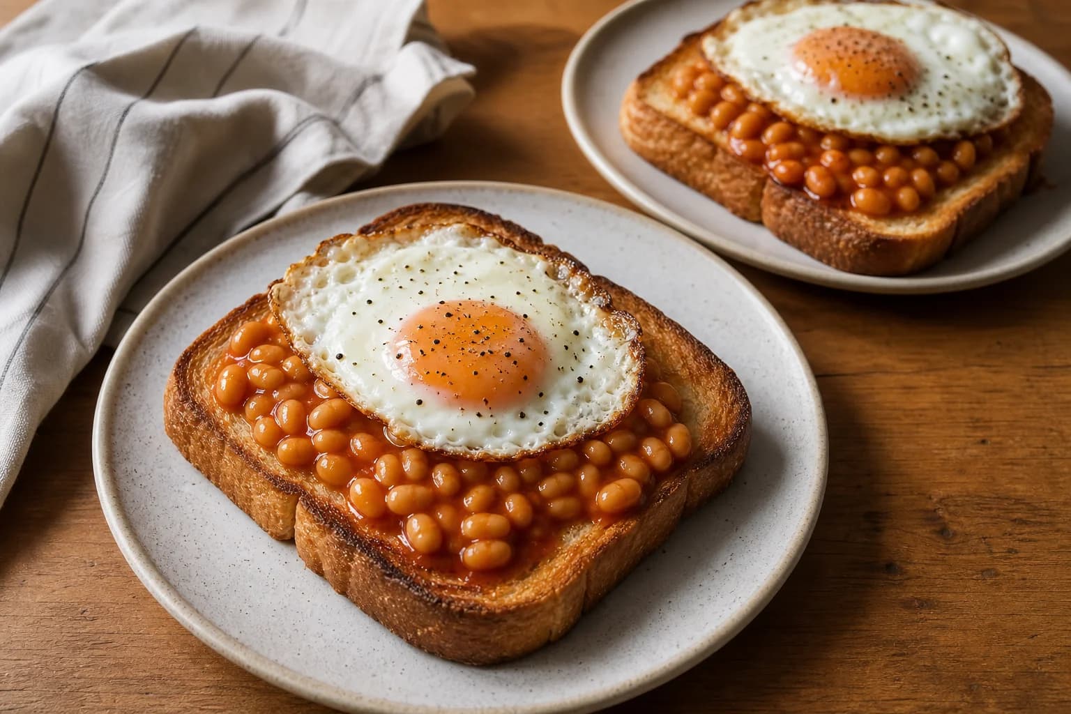 British baked beans on deeply toasted buttered bread topped with a crisp-edged fried egg.