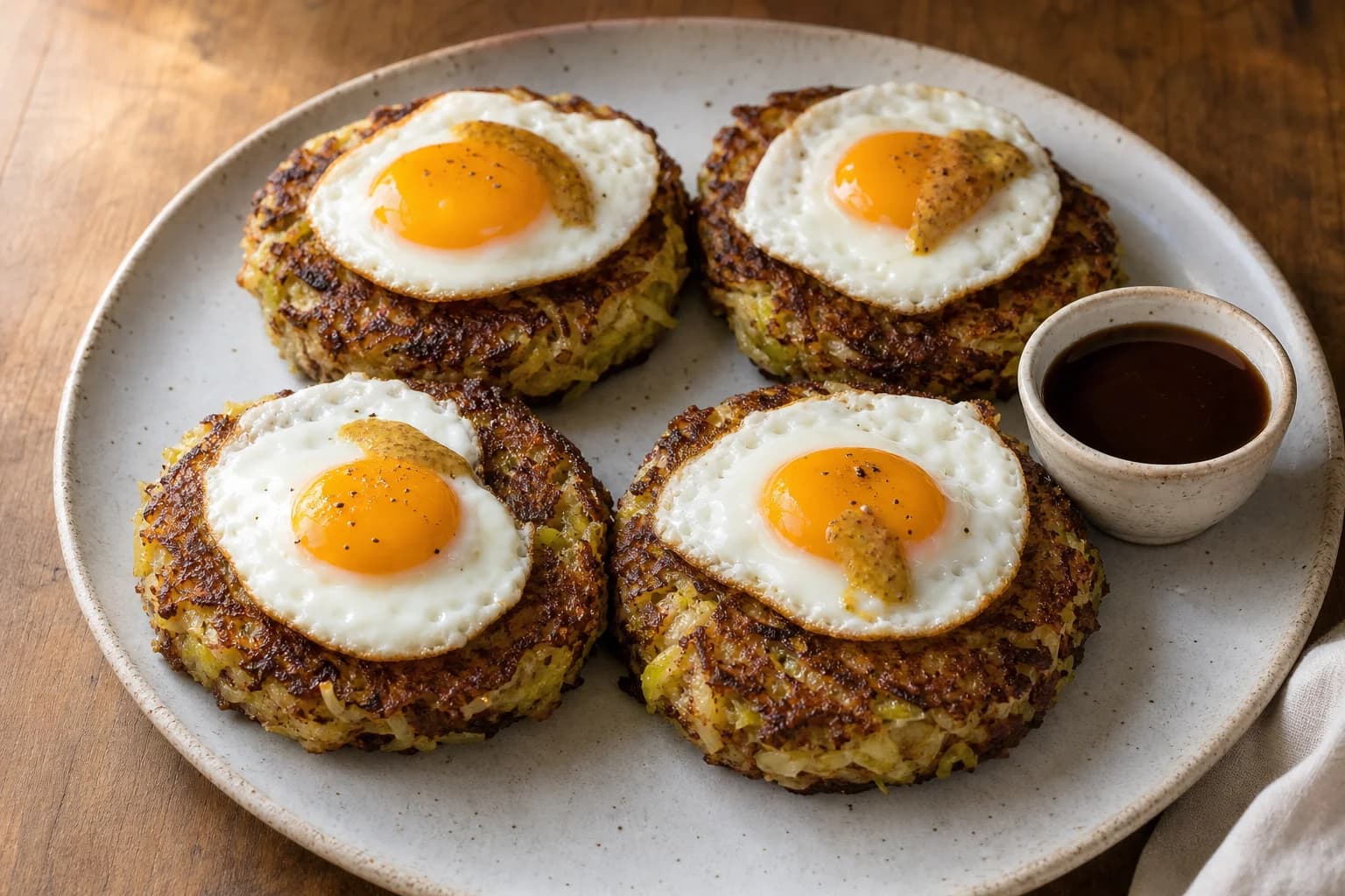 Crisp bubble-and-squeak potato and cabbage cakes topped with soft-yolk fried eggs.
