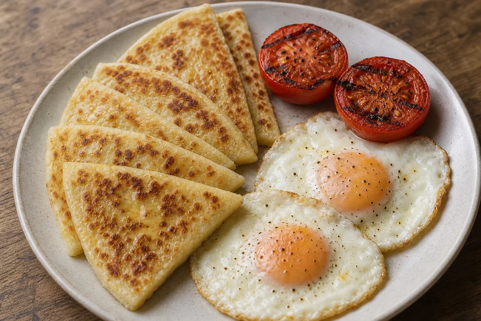 Thin triangular Scottish tattie scones with brown griddle spots, fried eggs, and grilled tomatoes.