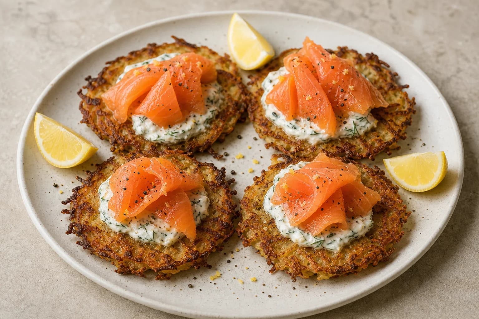 Crisp Irish boxty pancakes topped with dill cream and folds of cold-smoked salmon.
