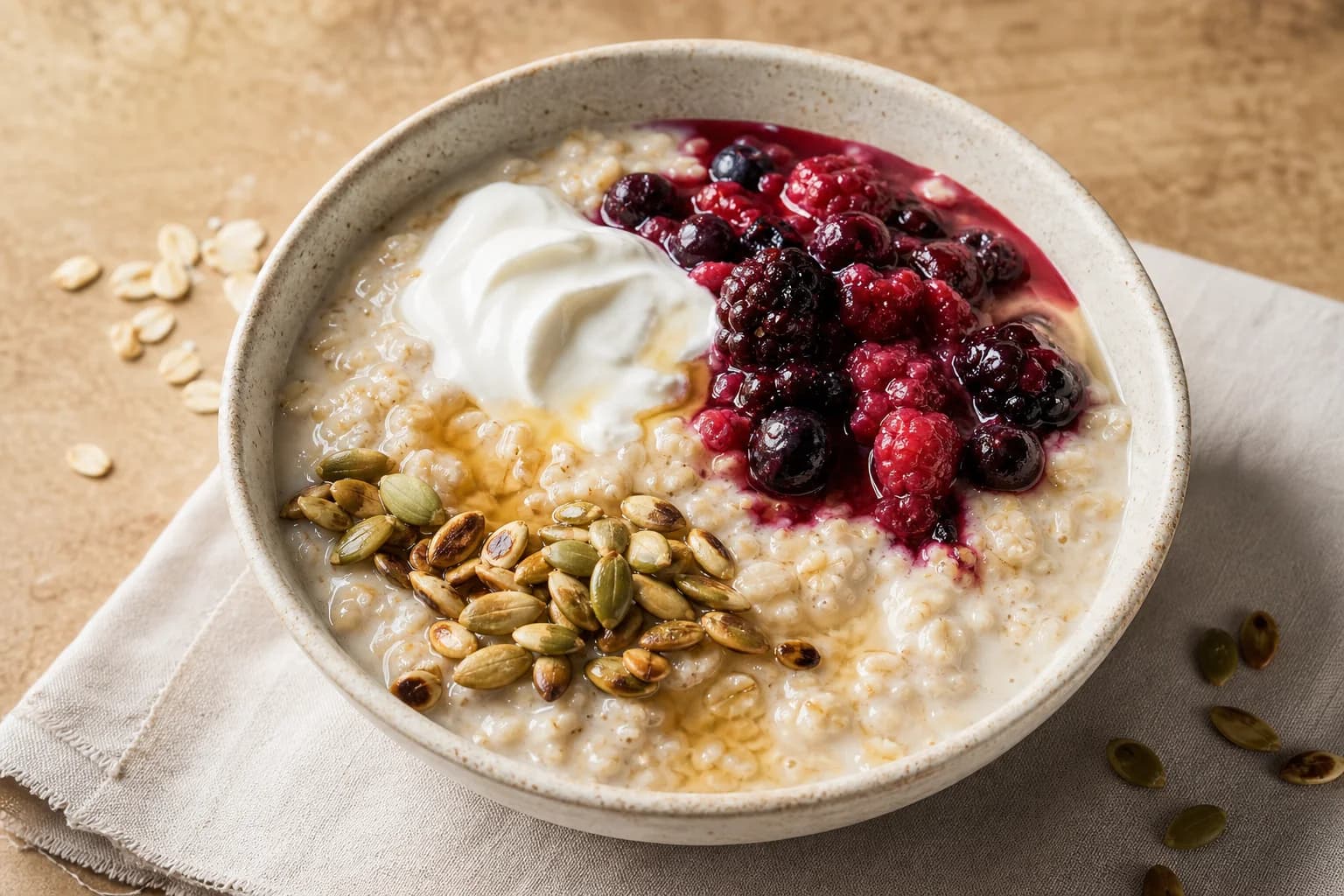 Flowing Nordic oat porridge with berry compote, skyr, toasted seeds, and maple syrup.