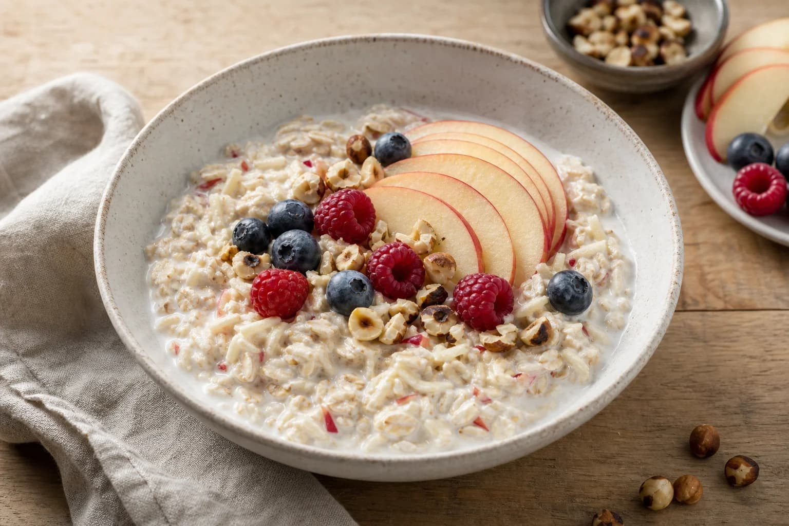 Swiss Bircher muesli with soaked oats, freshly grated apple, berries, and toasted hazelnuts.