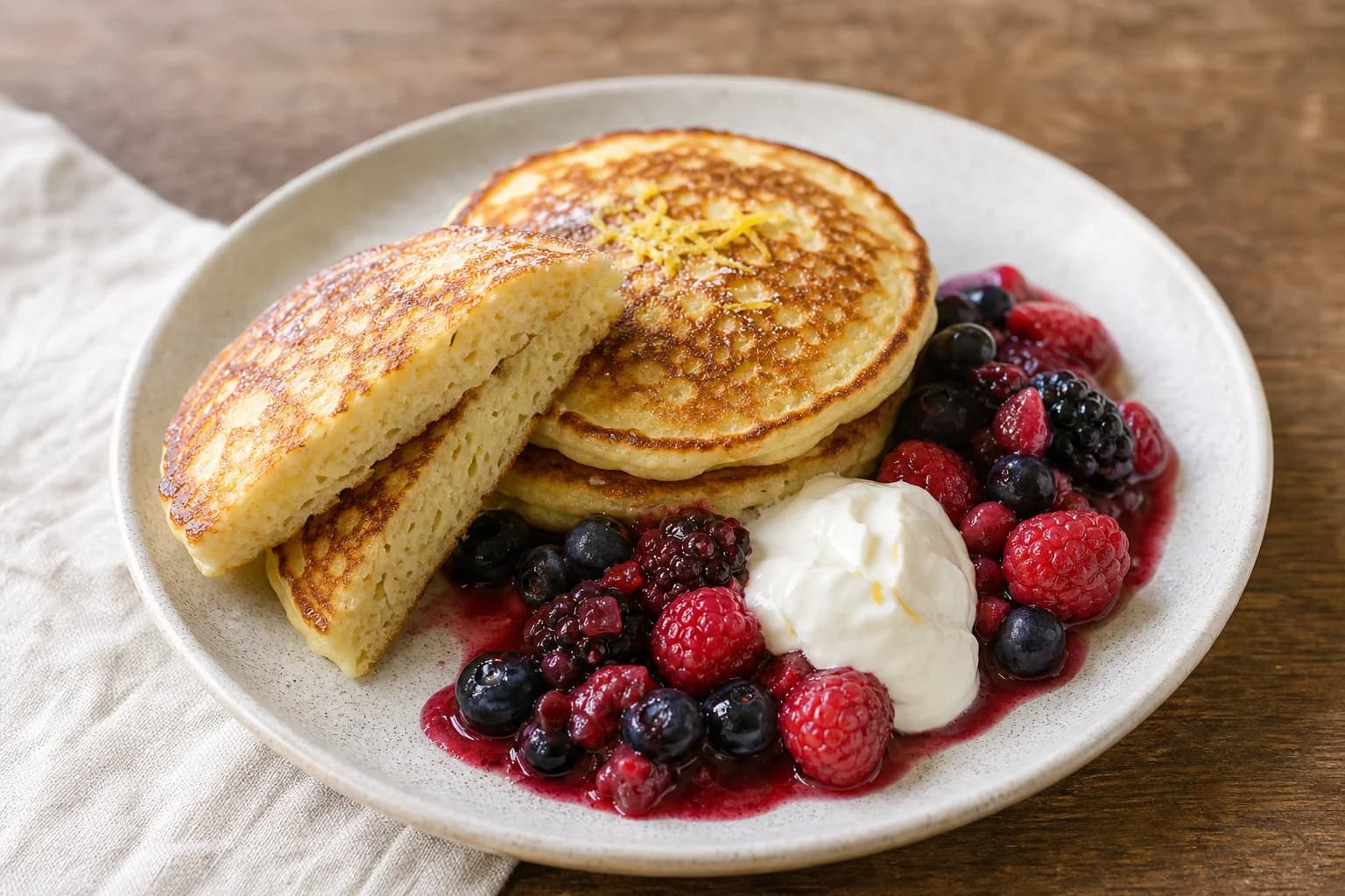 Small fluffy German quark pancakes with warm mixed berries and sour cream.