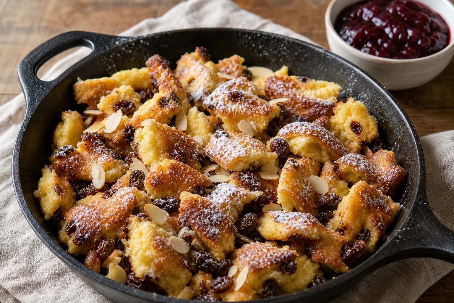 Austrian Kaiserschmarrn with irregular caramelized torn edges, raisins, almonds, powdered sugar, and plum compote.