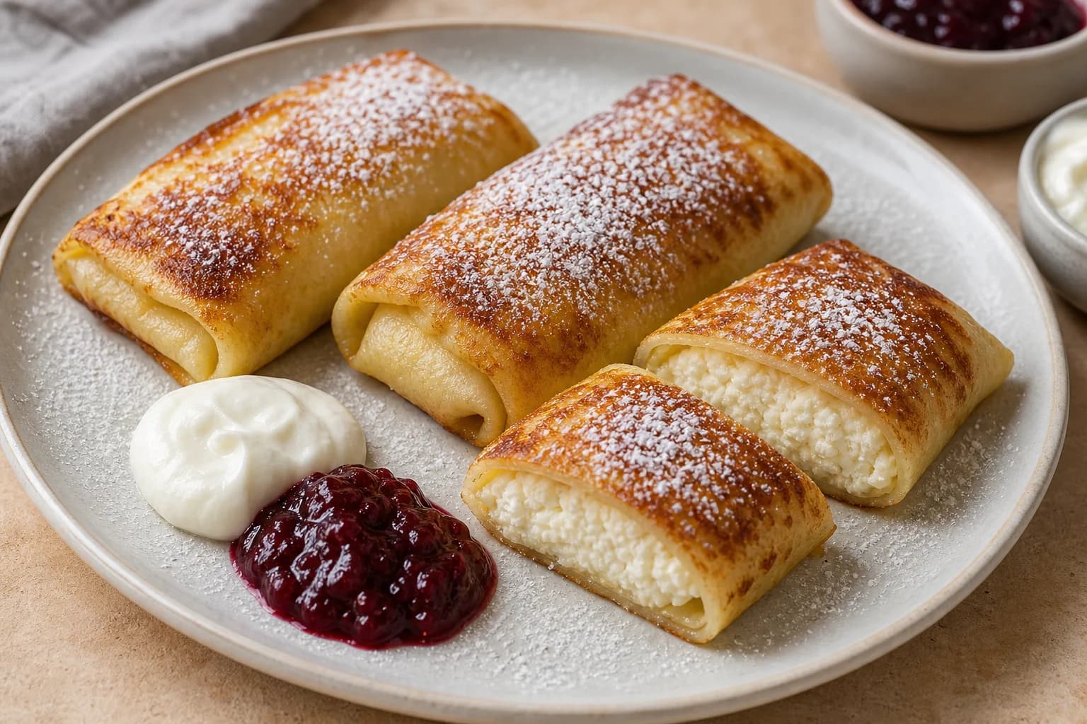 Butter-browned Polish naleśniki filled with lightly textured sweet twaróg, with sour cream and berry preserves.