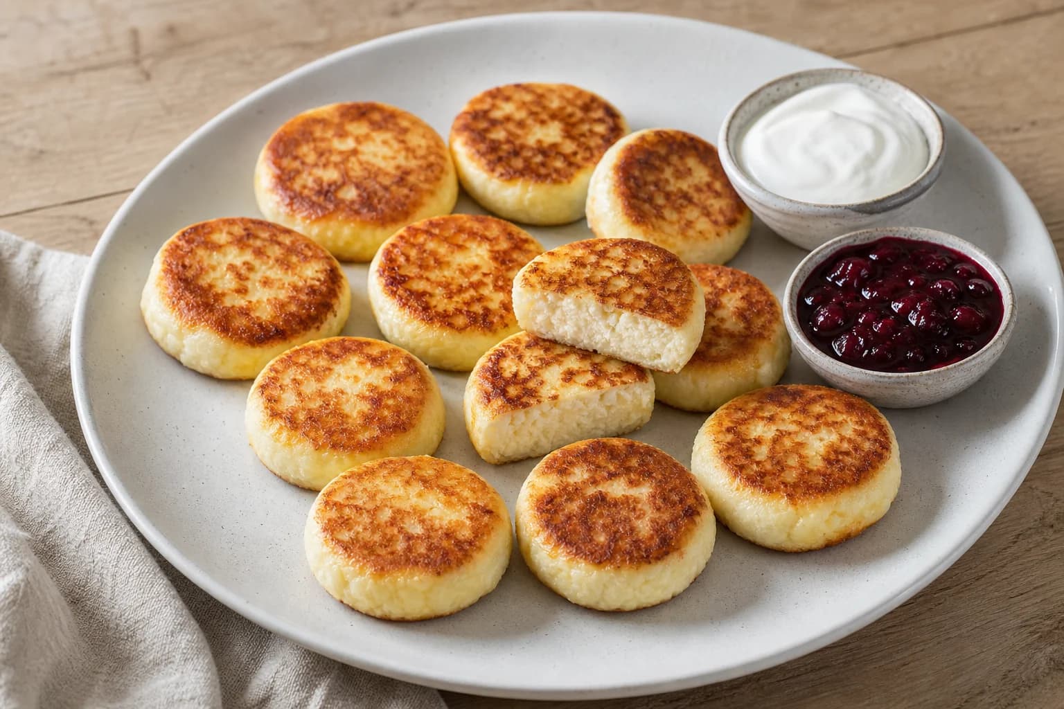 Golden Ukrainian syrnyky with lightly textured cheese centers, sour cream, and berry preserves.