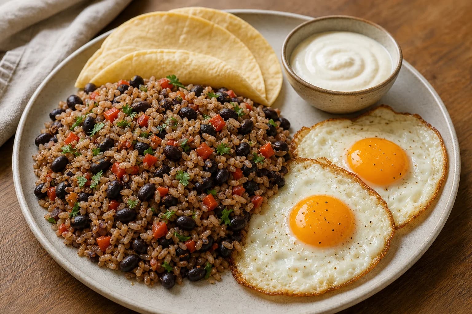 Costa Rican gallo pinto with separate rice and beans, fried eggs, warm tortillas, and natilla.