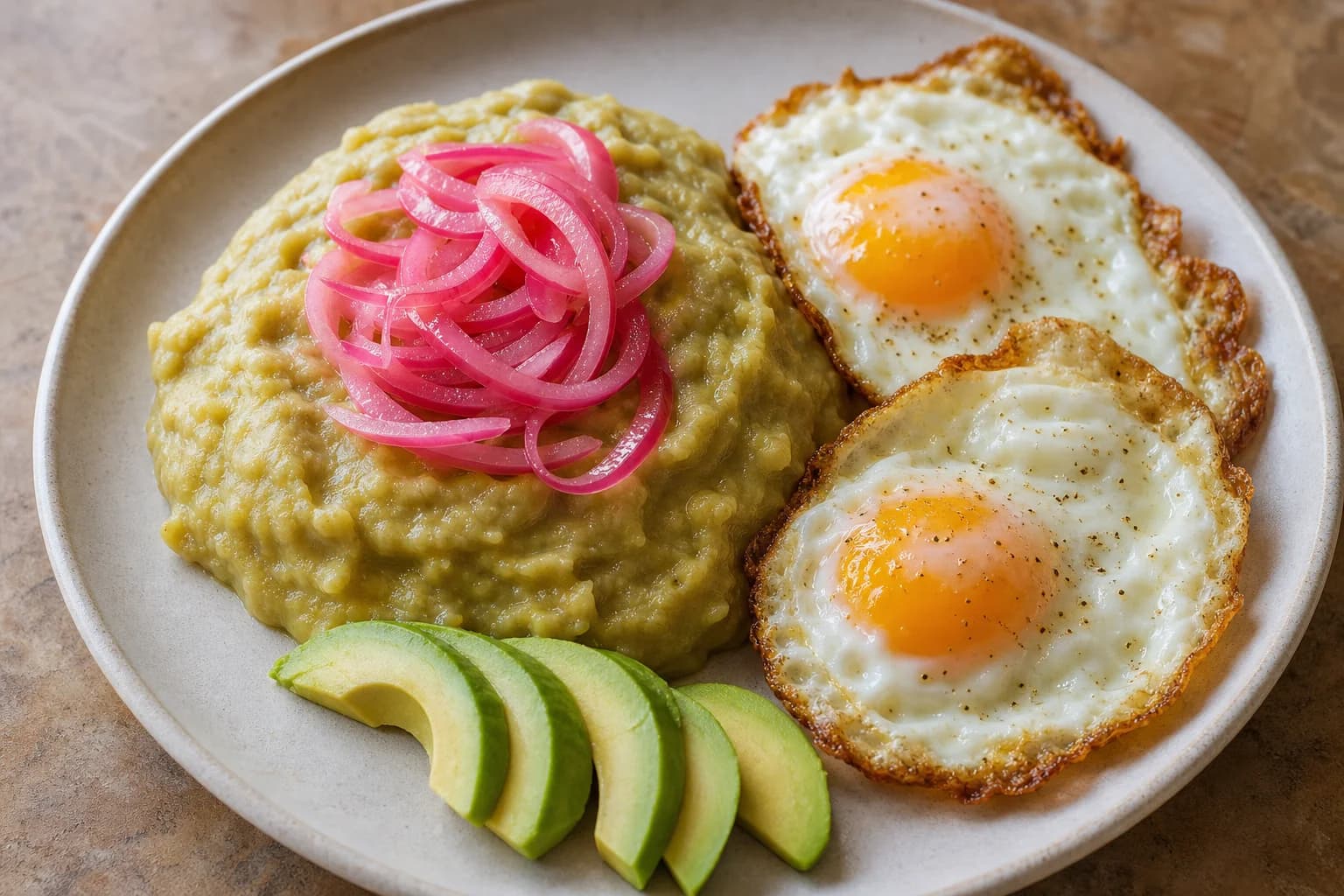 Soft Dominican mangú topped with bright vinegary red onions and served with crisp-edged fried eggs.