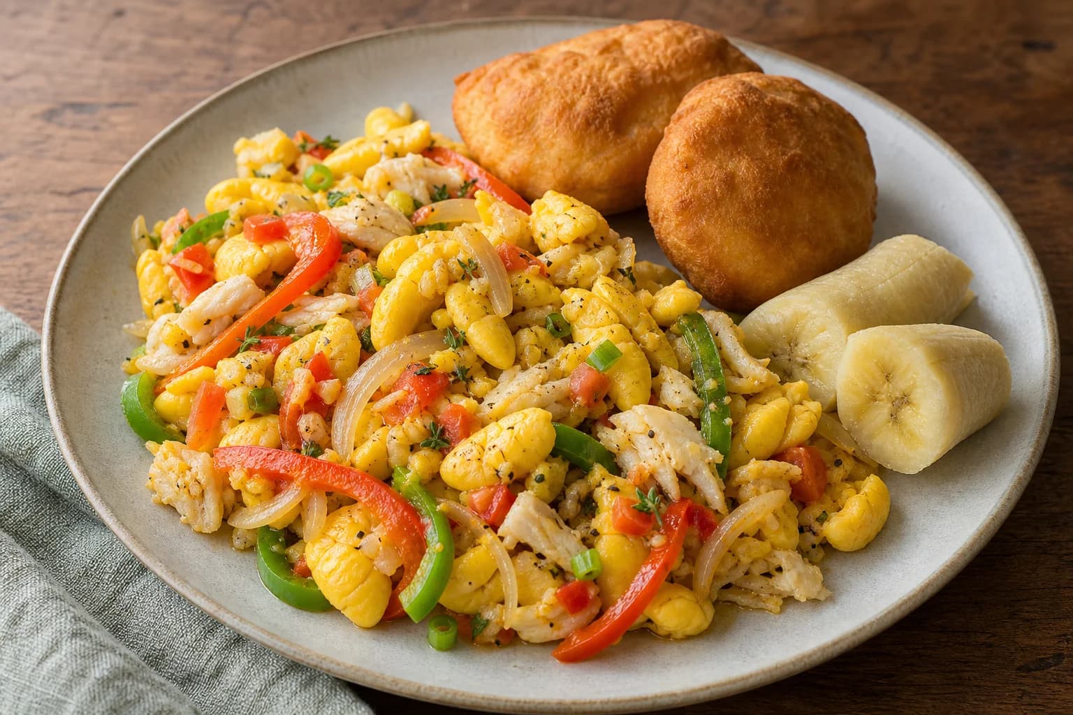 Ackee and saltfish with peppers and onion, fried dumplings, and boiled green banana.