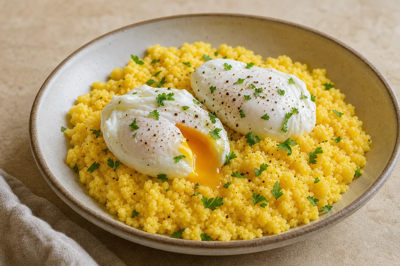 Fluffy Northeastern Brazilian steamed corn cuscuz with soft poached eggs, butter, herbs, and black pepper.