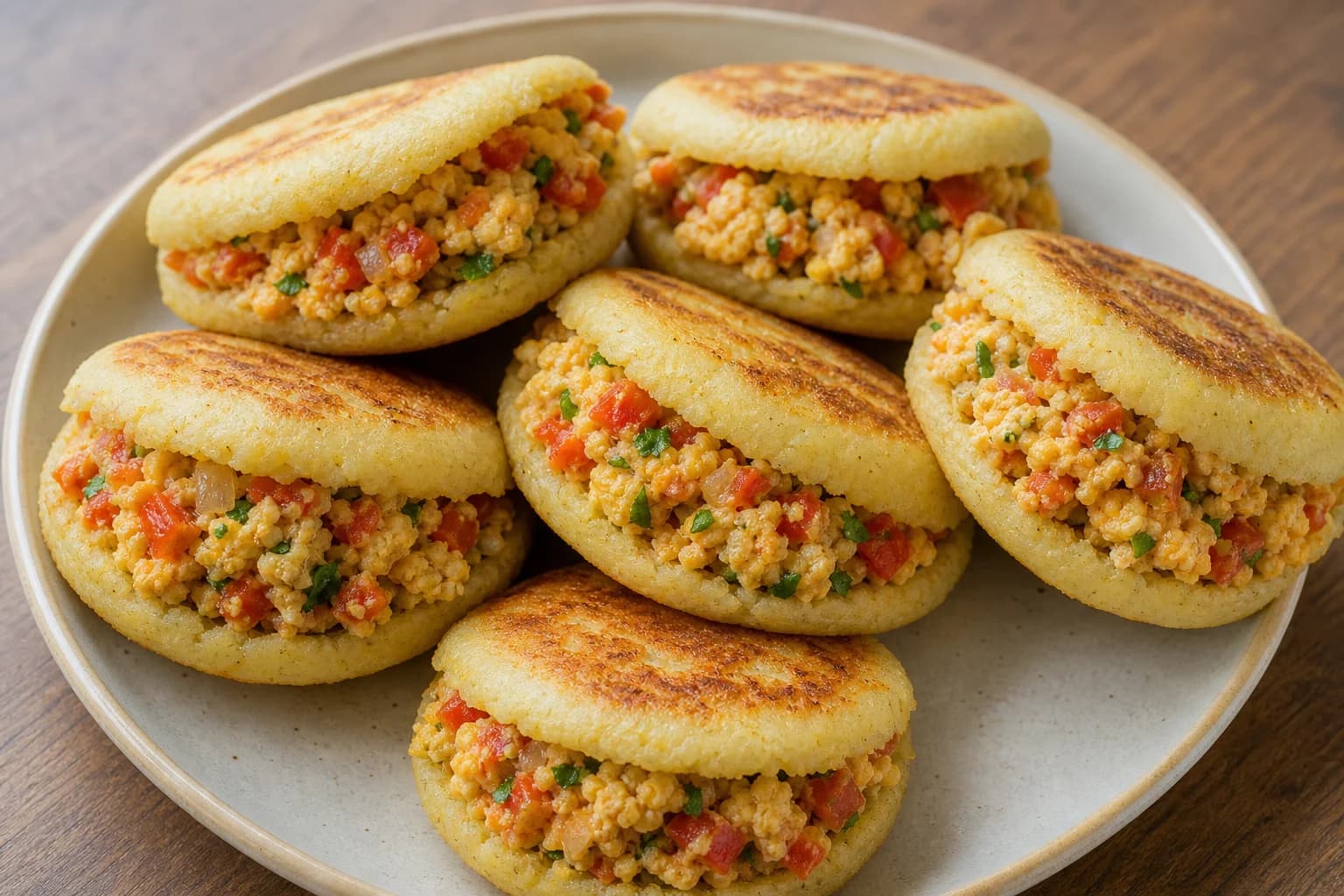 Golden Venezuelan arepas split and filled with soft perico scrambled eggs, tomato, pepper, onion, and cilantro.