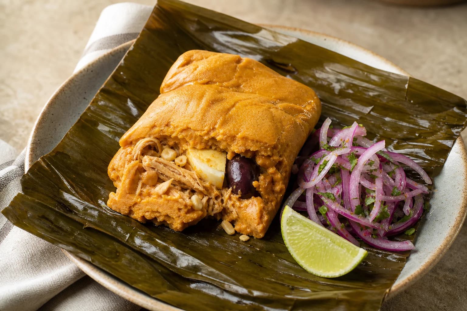 Peruvian banana-leaf tamal opened to show seasoned masa, chicken, egg, olive, and peanuts, with salsa criolla.