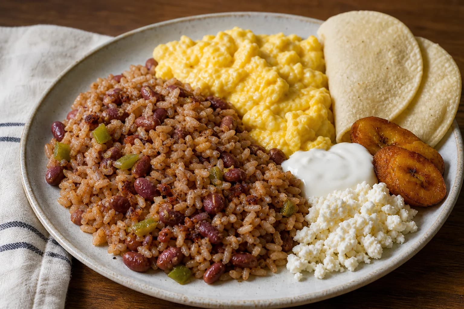 Salvadoran casamiento with red beans and rice, soft scrambled eggs, crema, cheese, tortillas, and plantain.