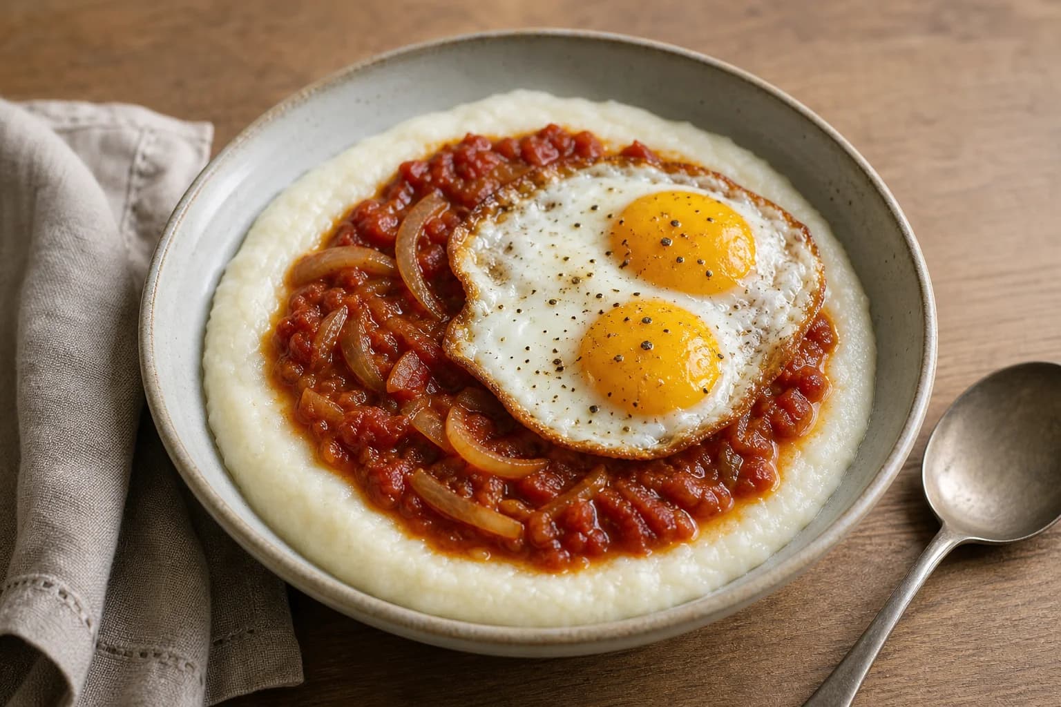 Soft South African mealie pap with concentrated tomato smoor and crisp-edged fried eggs.