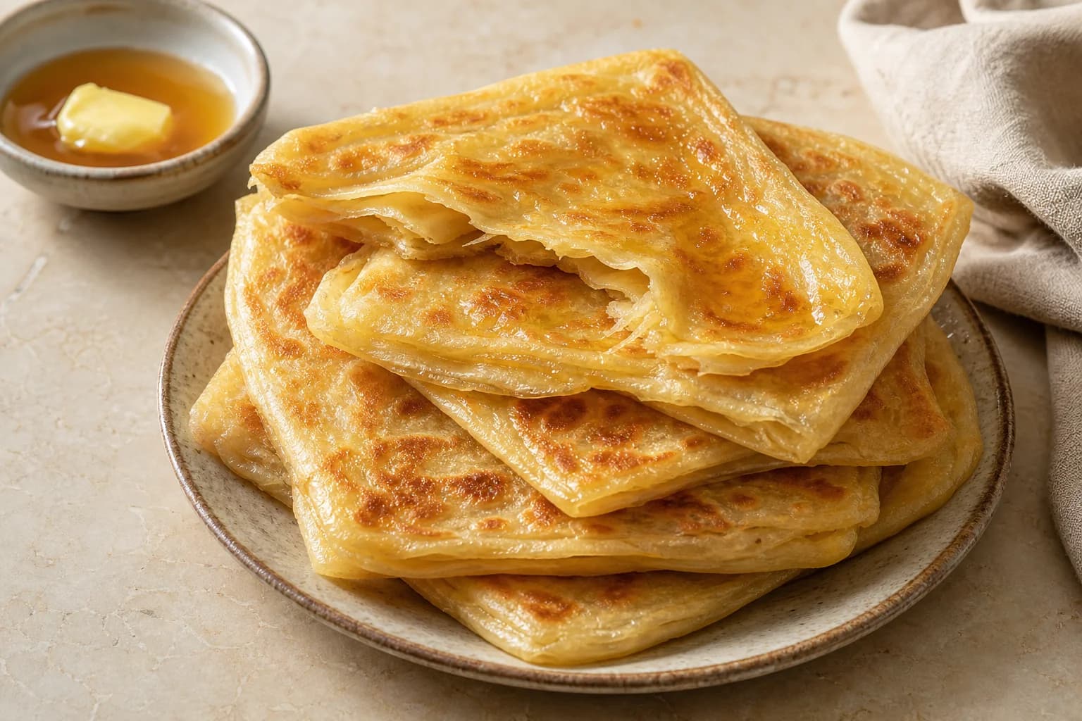 Square Moroccan msemen with crisp golden spots, visible laminated layers, and a light butter-honey glaze.