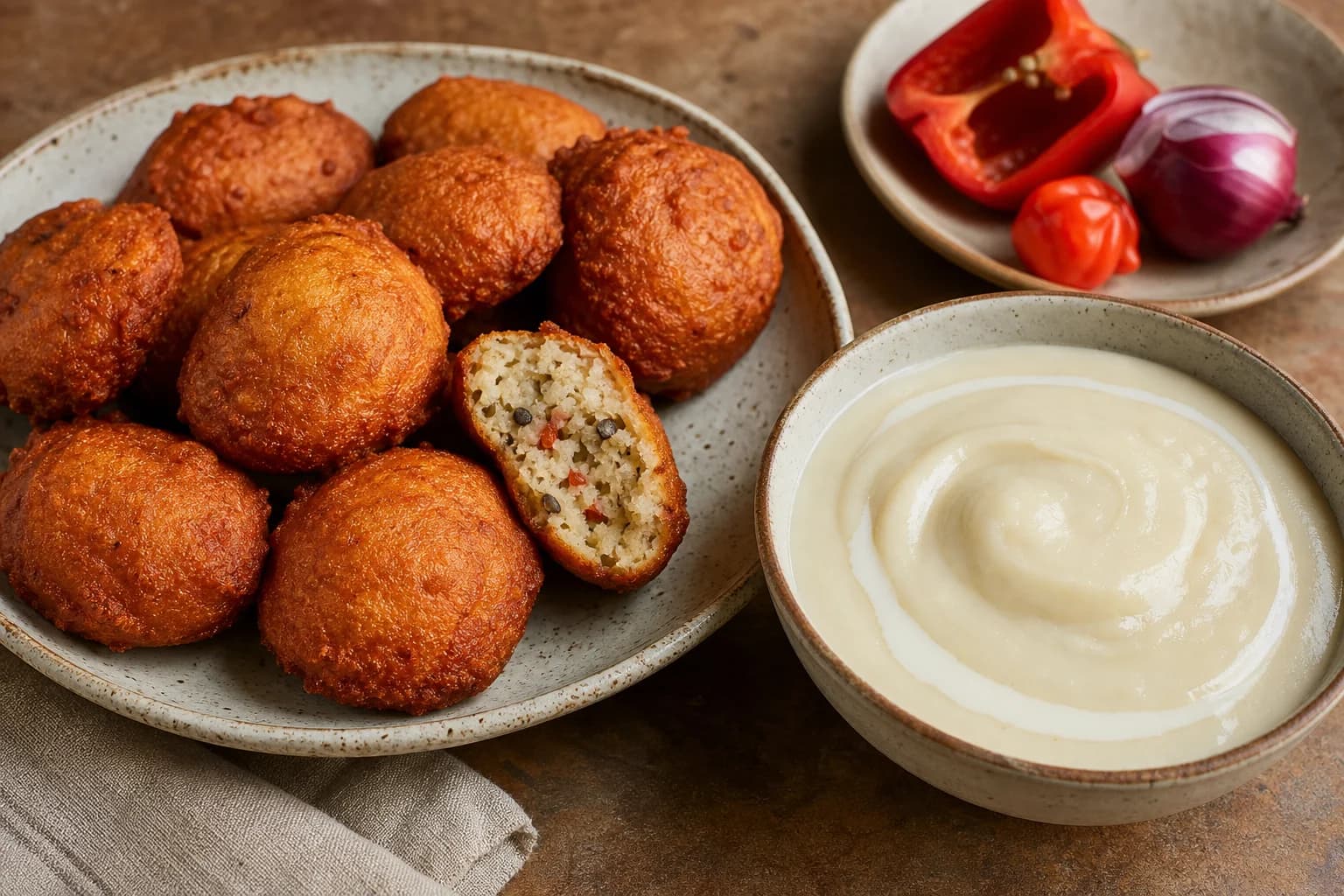 Deep-golden Nigerian akara fritters with airy centers beside smooth glossy fermented-corn pap.