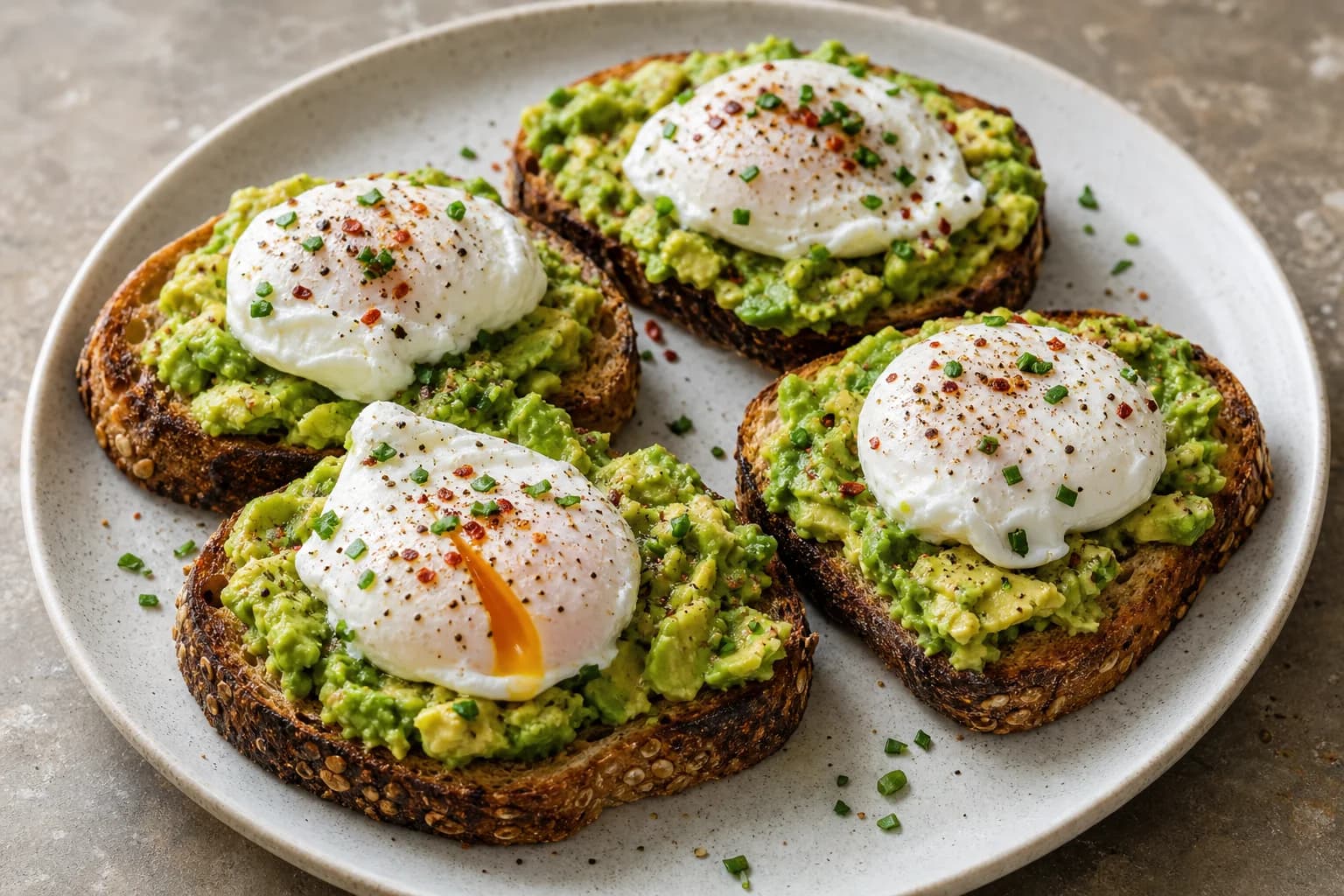 Deeply toasted sourdough with rough-crushed avocado and neatly poached soft-yolk eggs.