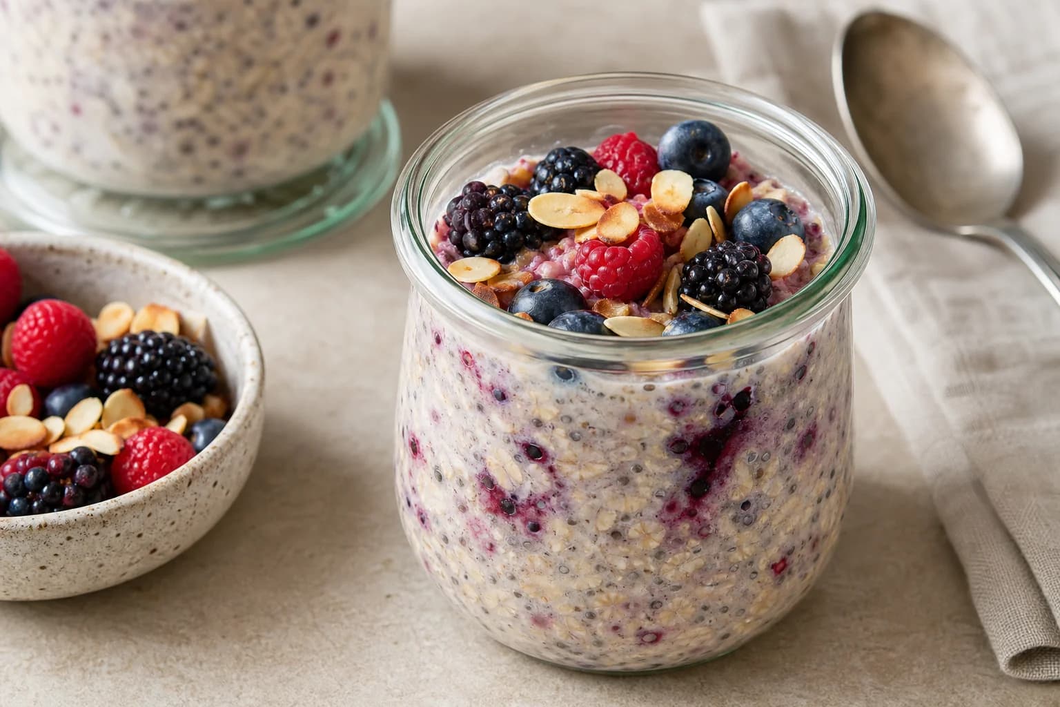 Creamy berry-streaked overnight oats with visible rolled oats, fresh berries, and toasted almonds.