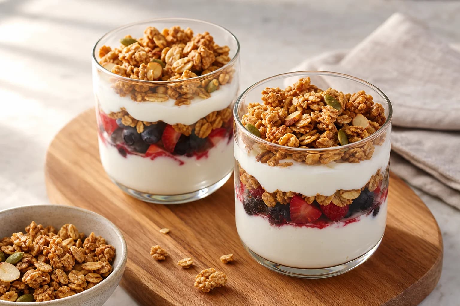 Layered yogurt parfait with lightly macerated berries and large crisp oat, almond, and seed granola clusters.