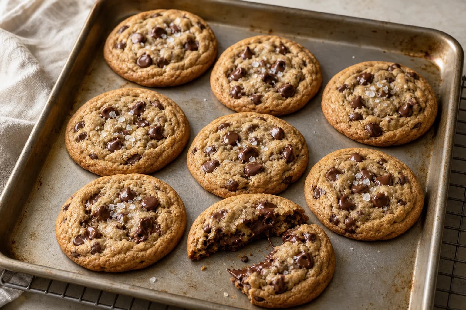 Chewy chocolate chip cookies with lightly golden edges, soft centers, melted chocolate, and flaky salt.