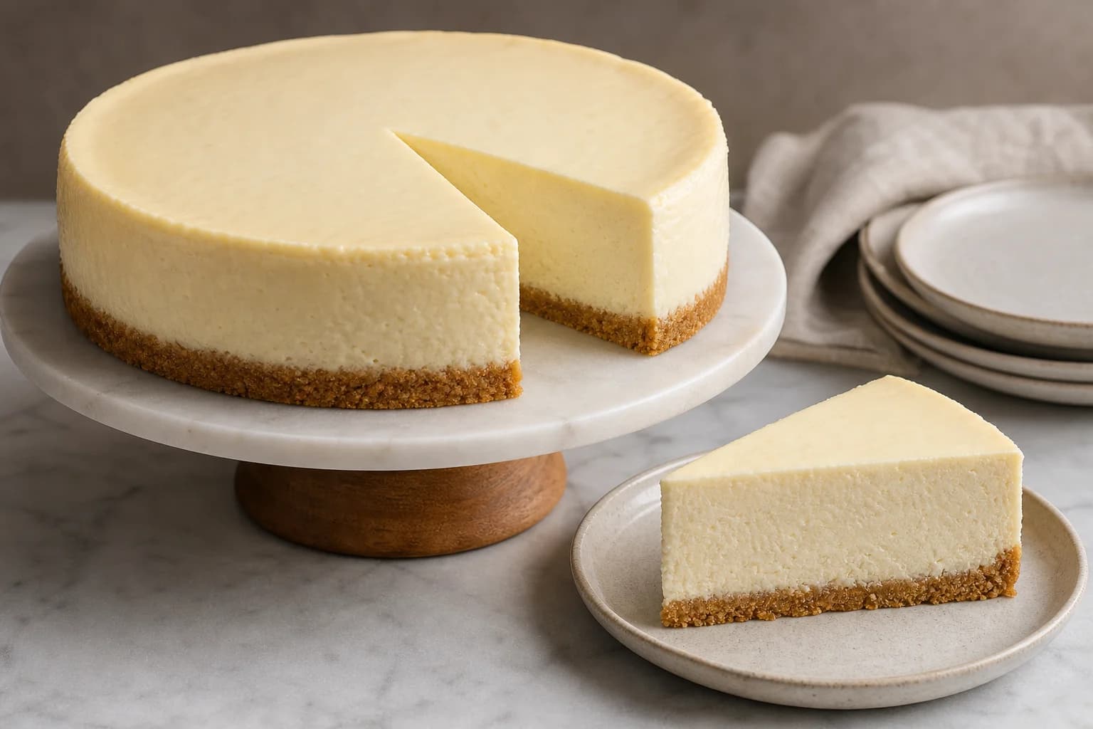 Tall New York-style cheesecake with smooth pale filling, graham crust, and a clean chilled slice.