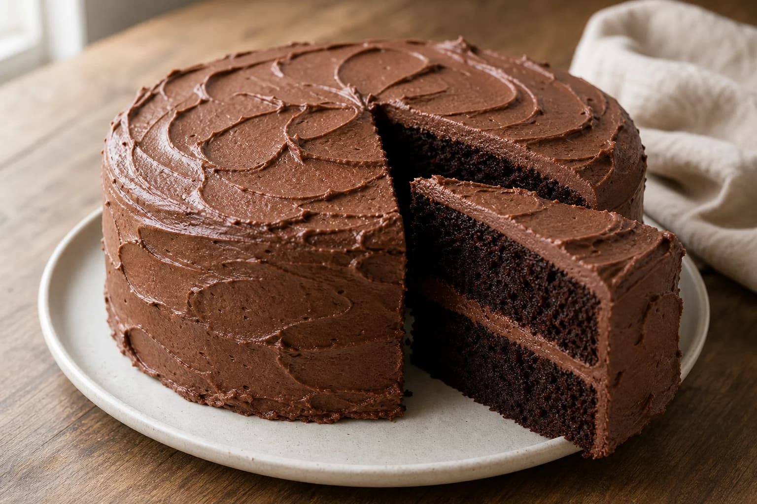 Two-layer dark chocolate cake with plush chocolate frosting and a moist tender slice.