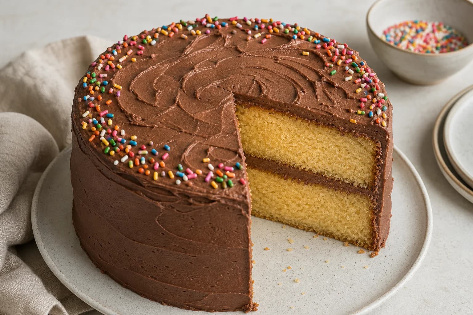 Tall vanilla birthday cake with fine pale crumb, fluffy chocolate frosting, and rainbow sprinkles.
