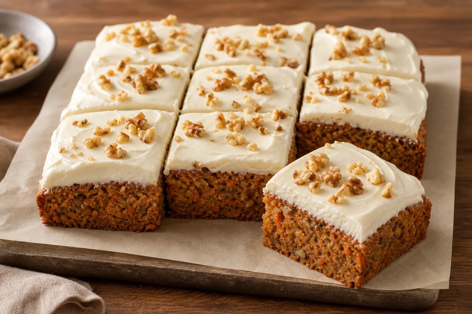 Moist carrot sheet cake with cream cheese frosting, toasted walnuts, and visible fine carrot crumb.