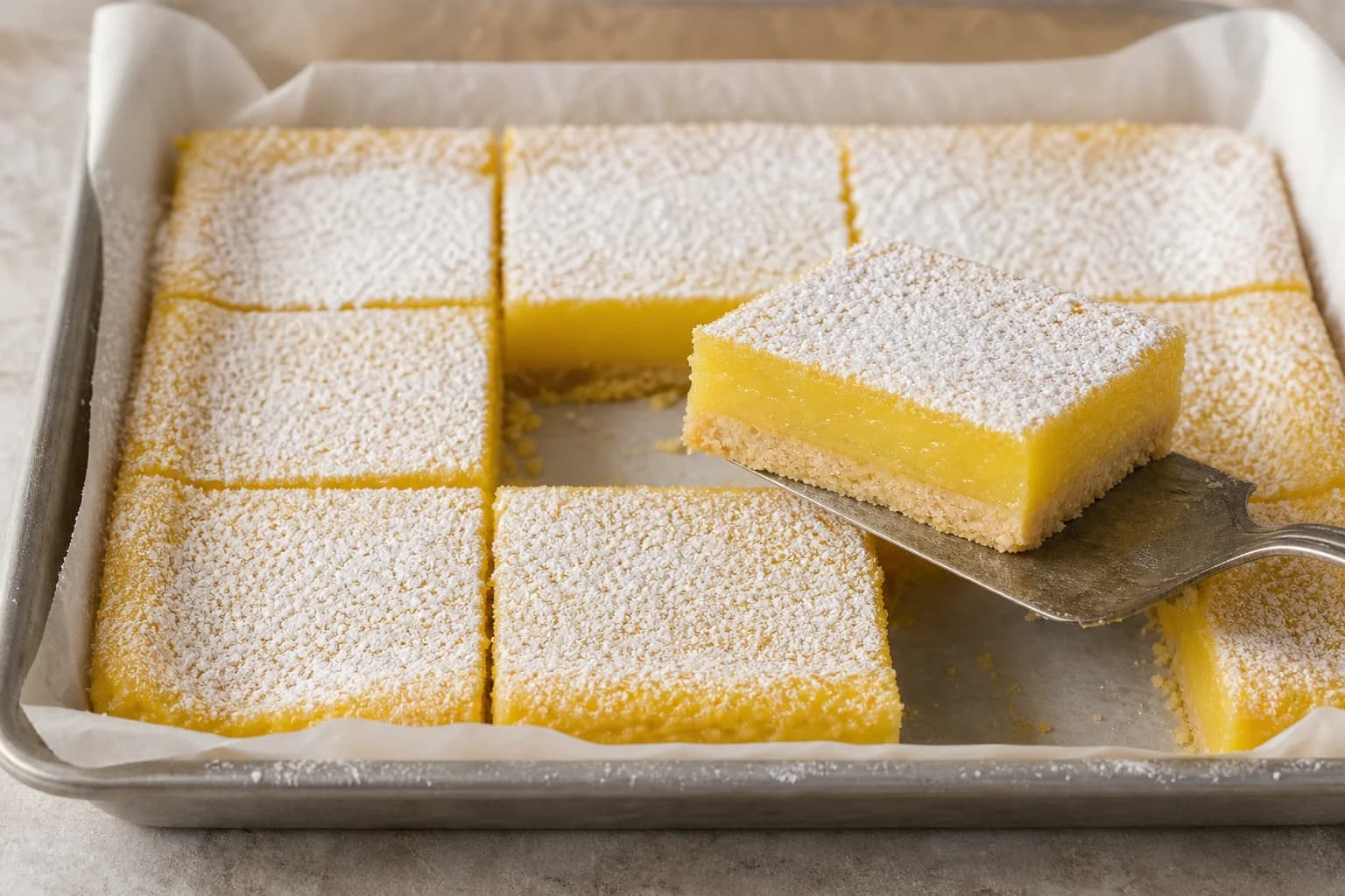 Chilled lemon bars with bright custard, compact shortbread, clean edges, and light confectioners sugar.
