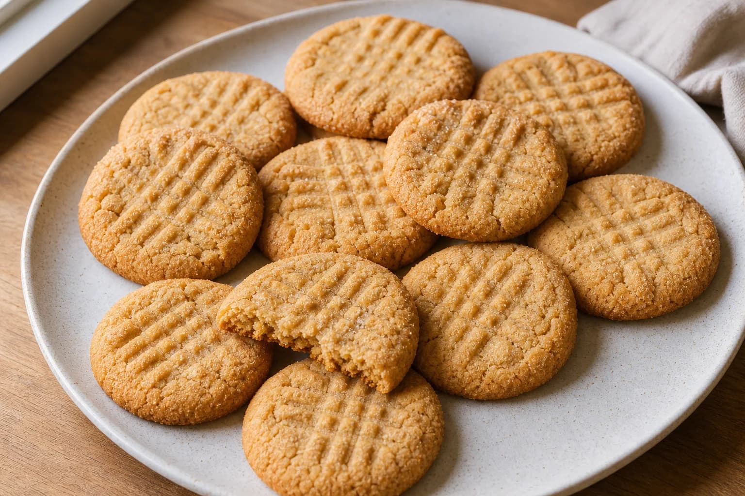 Soft peanut butter cookies with golden edges, fork crosshatches, and delicate sugar crusts.
