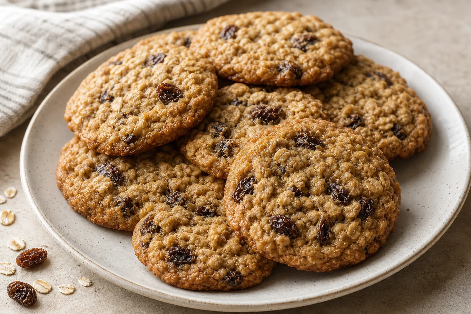 Chewy oatmeal raisin cookies with visible rolled oats, plump raisins, and golden edges.