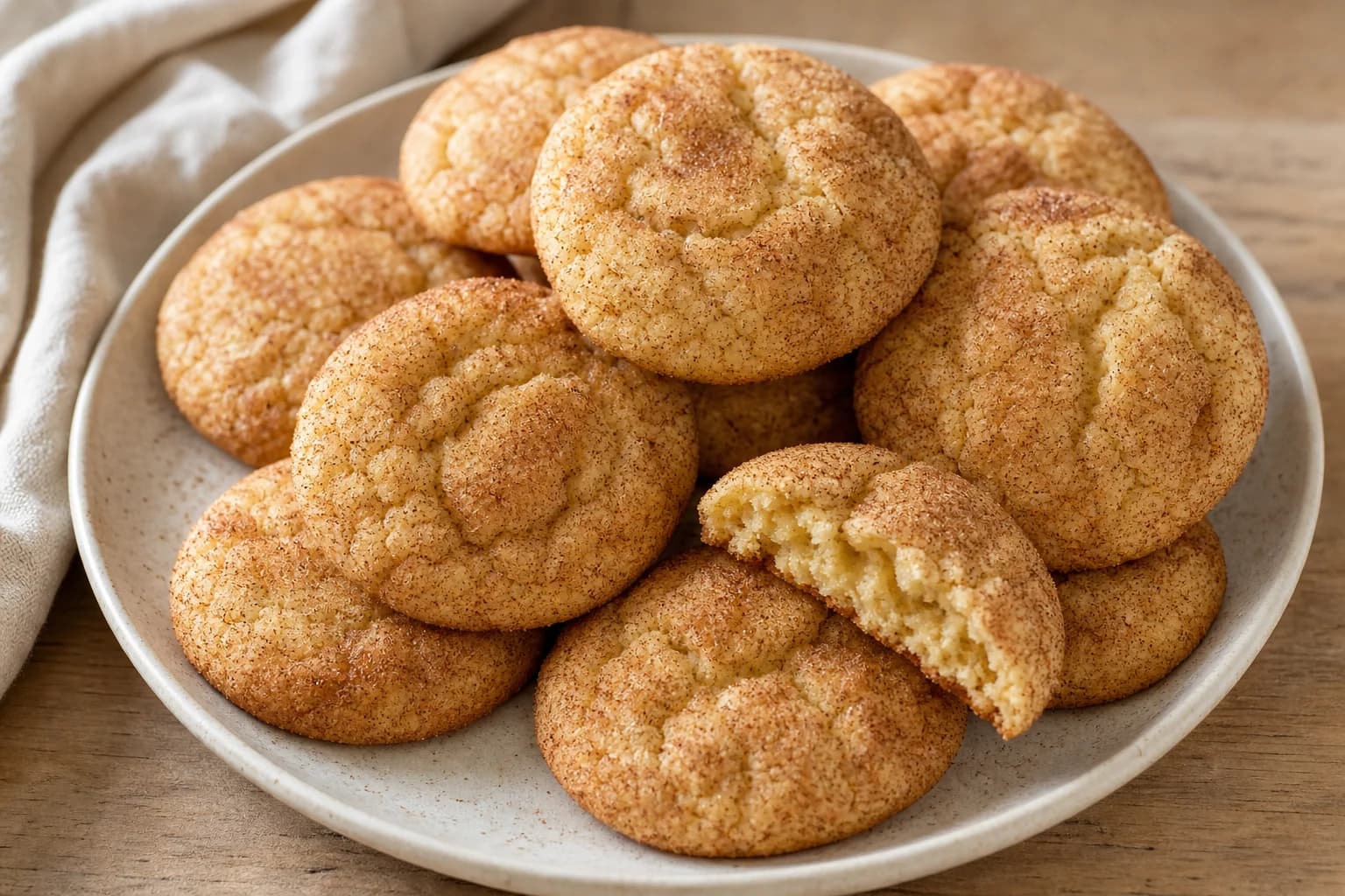 Chewy snickerdoodles with cinnamon-sugar crusts, puffed crackled tops, and soft centers.