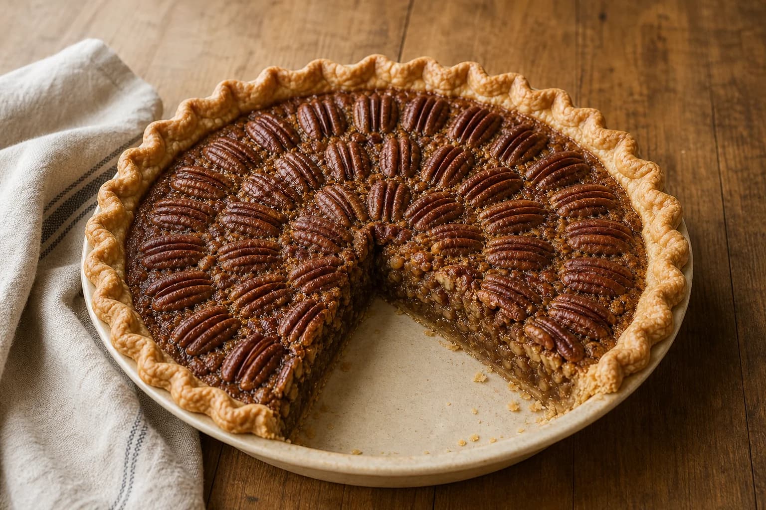 Southern pecan pie with toasted pecans, glossy set custard, flaky crust, and a clean slice.