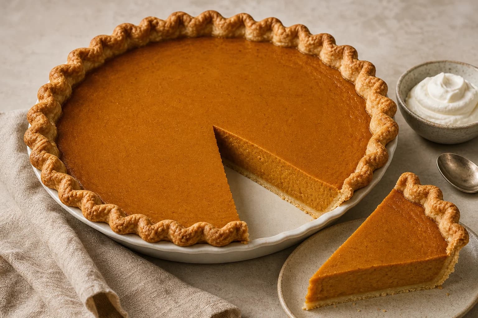 Classic pumpkin pie with smooth spiced custard, golden crimped crust, and a clean chilled slice.