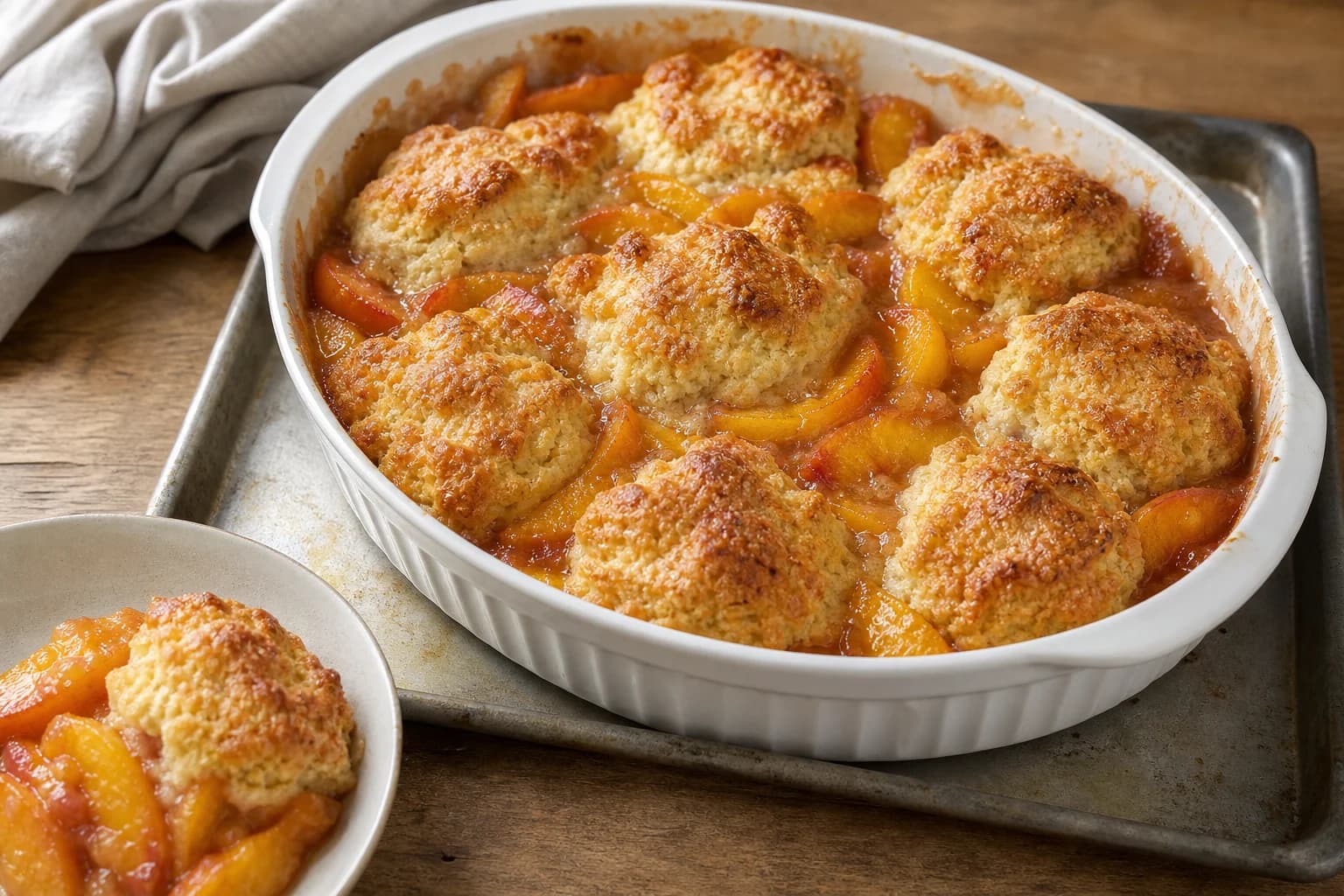 Southern peach cobbler with bubbling defined fruit and deeply golden drop-biscuit topping.