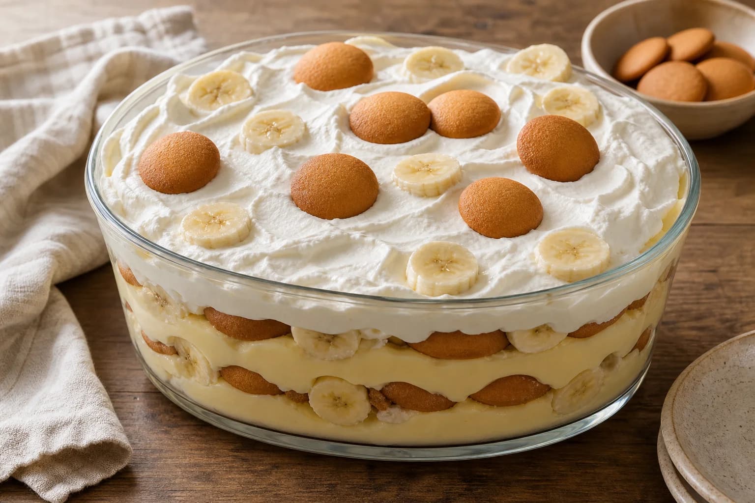 Chilled Southern banana pudding layered with vanilla custard, bananas, softened wafers, and whipped cream.