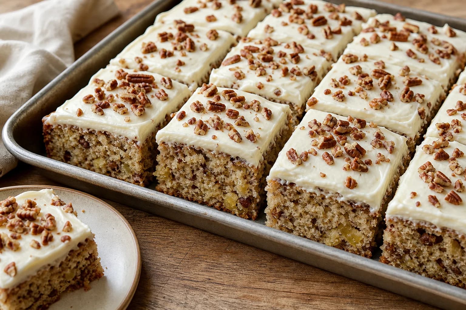 Hummingbird sheet cake with moist banana-pineapple crumb, pecans, and cream cheese frosting.