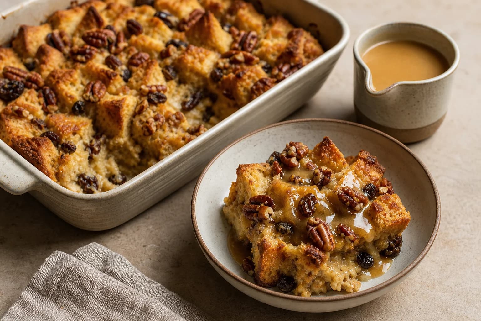 Warm New Orleans bread pudding with golden bread edges, raisins, pecans, and bourbon sauce.