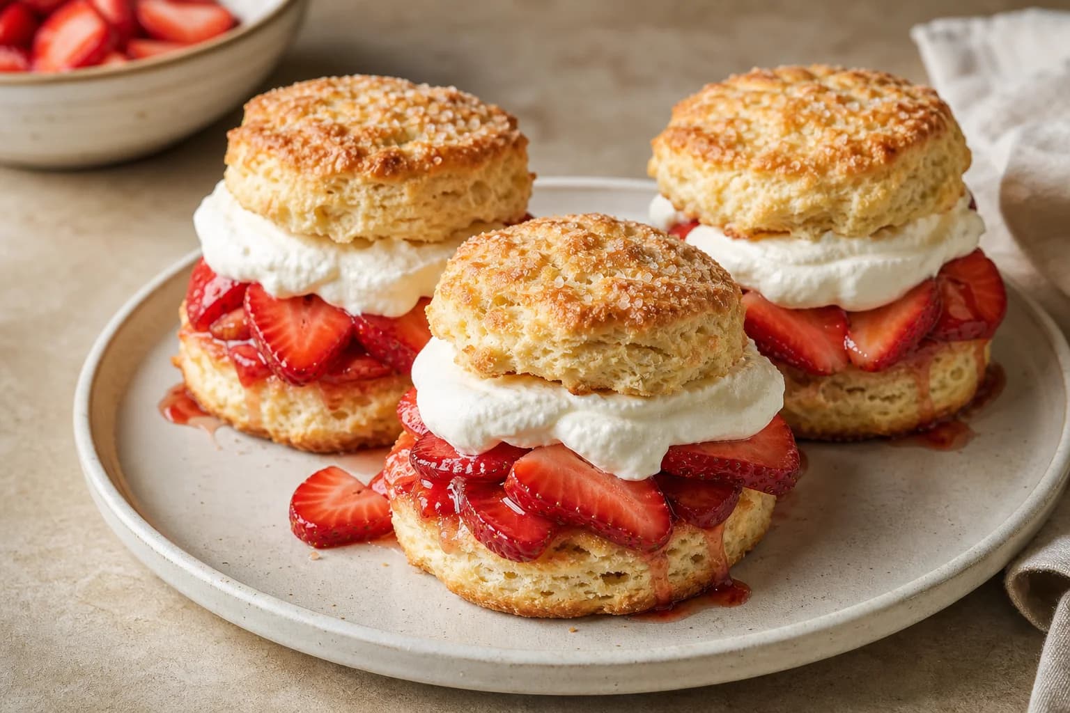 Biscuit-style strawberry shortcakes layered with juicy berries and softly whipped cream.