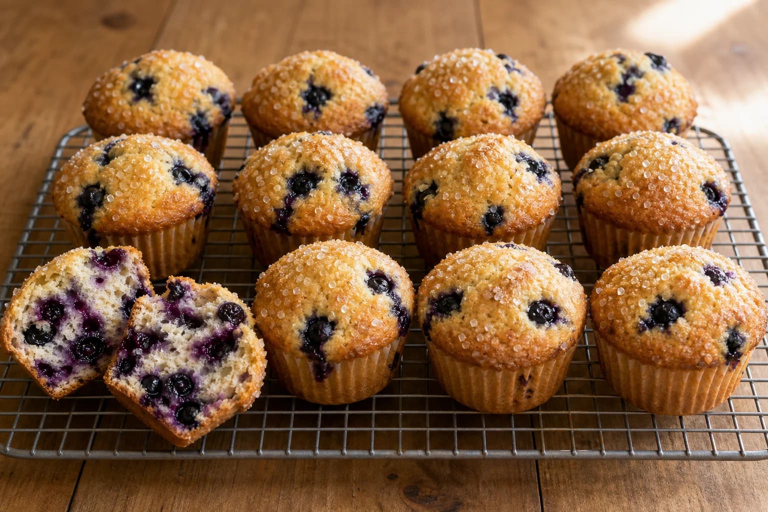 Domed blueberry muffins with crunchy sugar tops, tender crumb, and abundant berry pockets.
