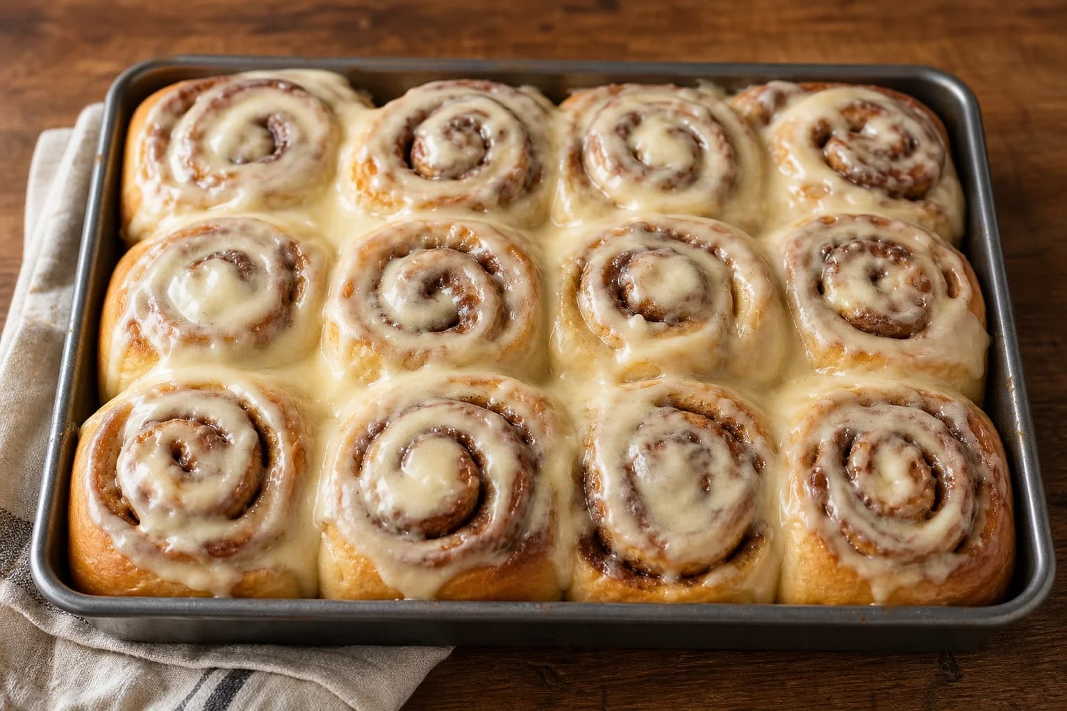 Twelve soft cinnamon rolls with gooey brown-sugar spirals and warm cream cheese glaze.