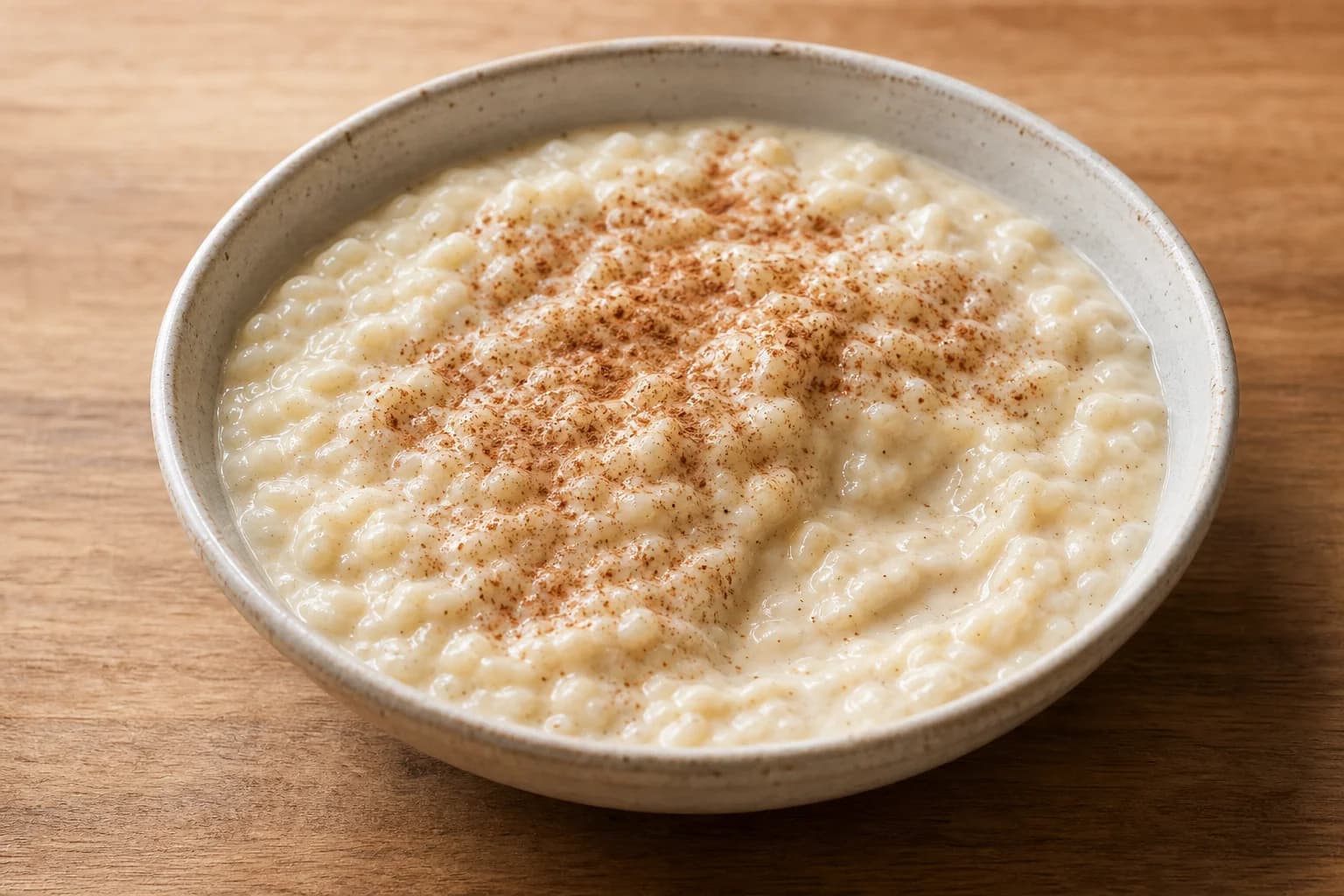 Loose creamy vanilla rice pudding with plump grains and a restrained cinnamon finish.