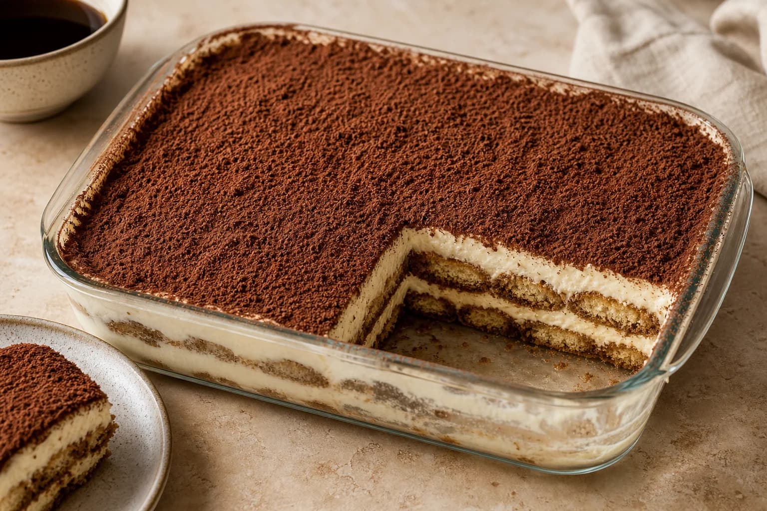 Classic tiramisu with espresso-soaked ladyfingers, mascarpone cream, and dark cocoa layers.