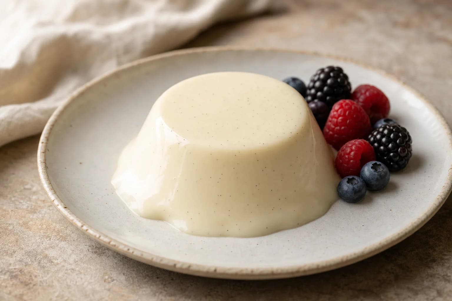 Silky vanilla panna cotta with a delicate tremble, vanilla seeds, and fresh berries.