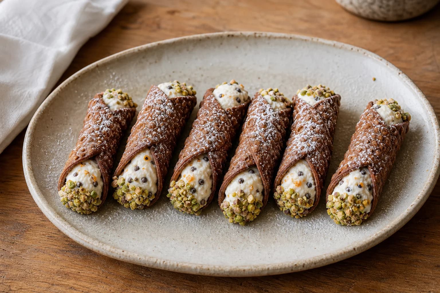 Sicilian cannoli with blistered crisp shells, smooth ricotta filling, chocolate, orange, and pistachio.