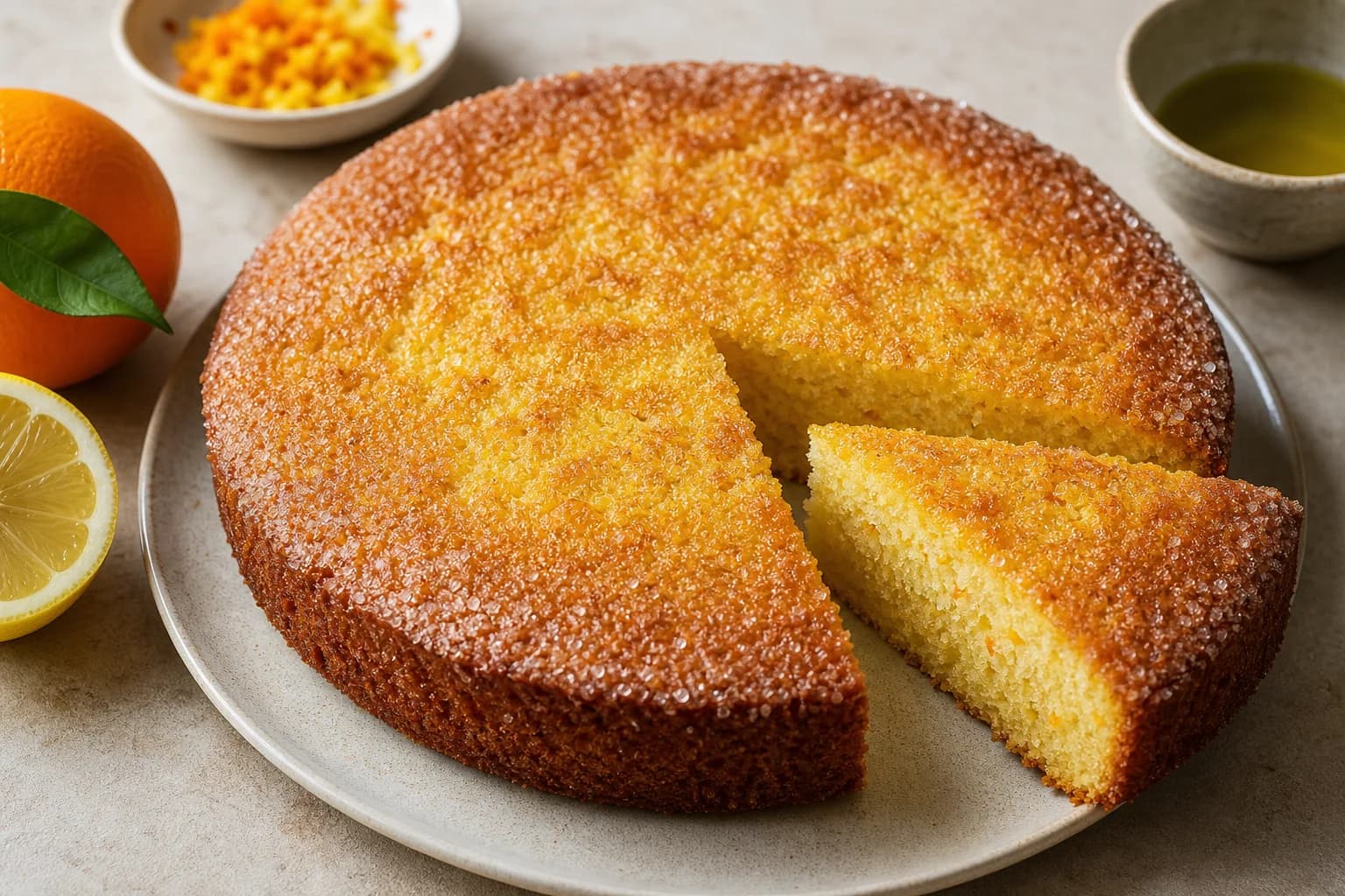 Golden citrus olive oil cake with a moist fine crumb, crisp sugared edge, and orange and lemon zest.