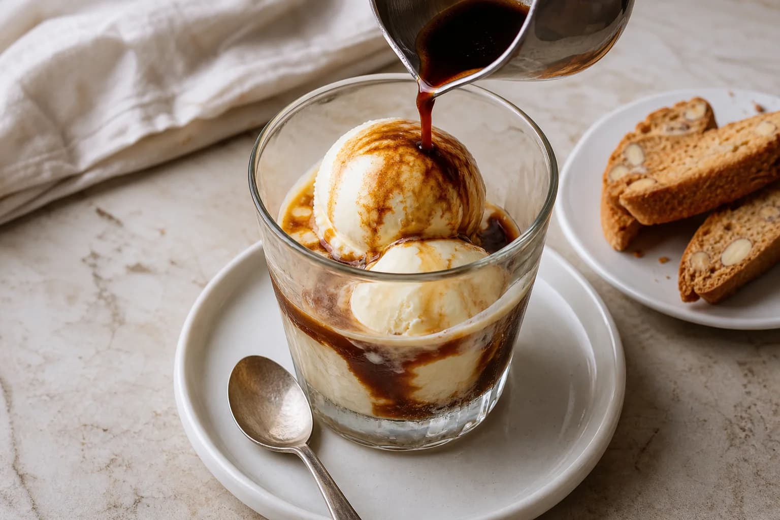 Hot espresso being poured over firm vanilla gelato for a classic Italian affogato.