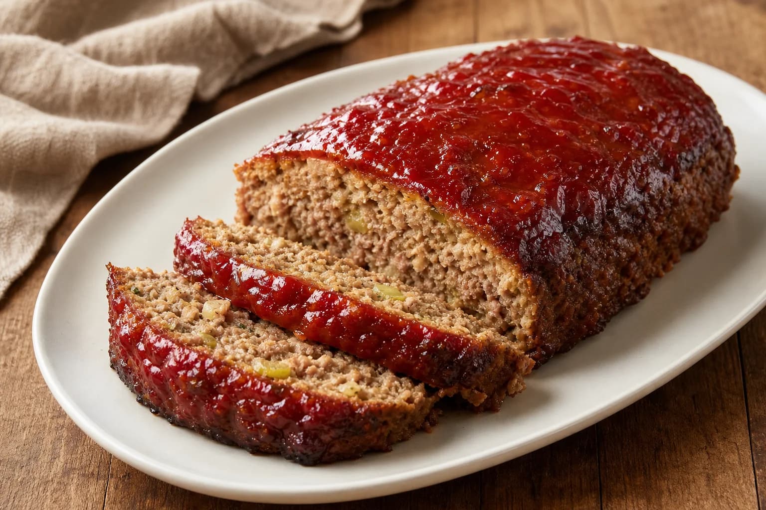 Tender sliced beef-and-pork meatloaf with a lacquered tomato glaze and browned free-form edges.